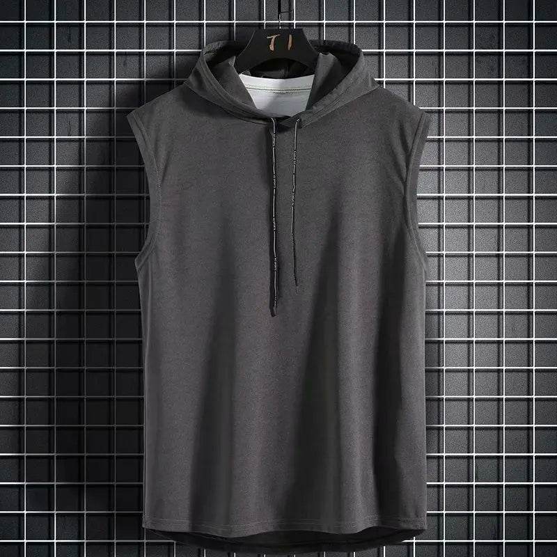 Men Tie Collar Hooded Sleeveless Vests Male Summer Loose Solid Hip Hop Tee Shirt Tops - AIAZ