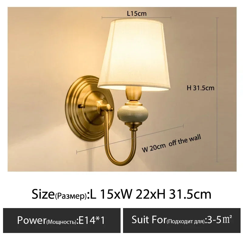 European Style Copper Led Color Wall Lamp Bedroom Bedside Living Room TV Background  Light Simple Hotel Villa Decor Lighting
