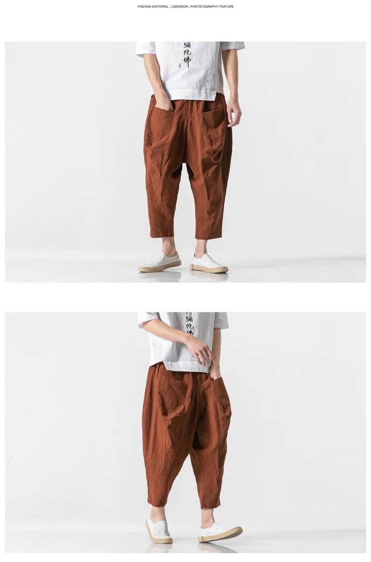 2025 Men Linen Pants Mens Wide Crotch Harem Pants Man Chinese Style Ankle-Length Pants Male Wide-Legged Bloomers Trousers - AIAZ