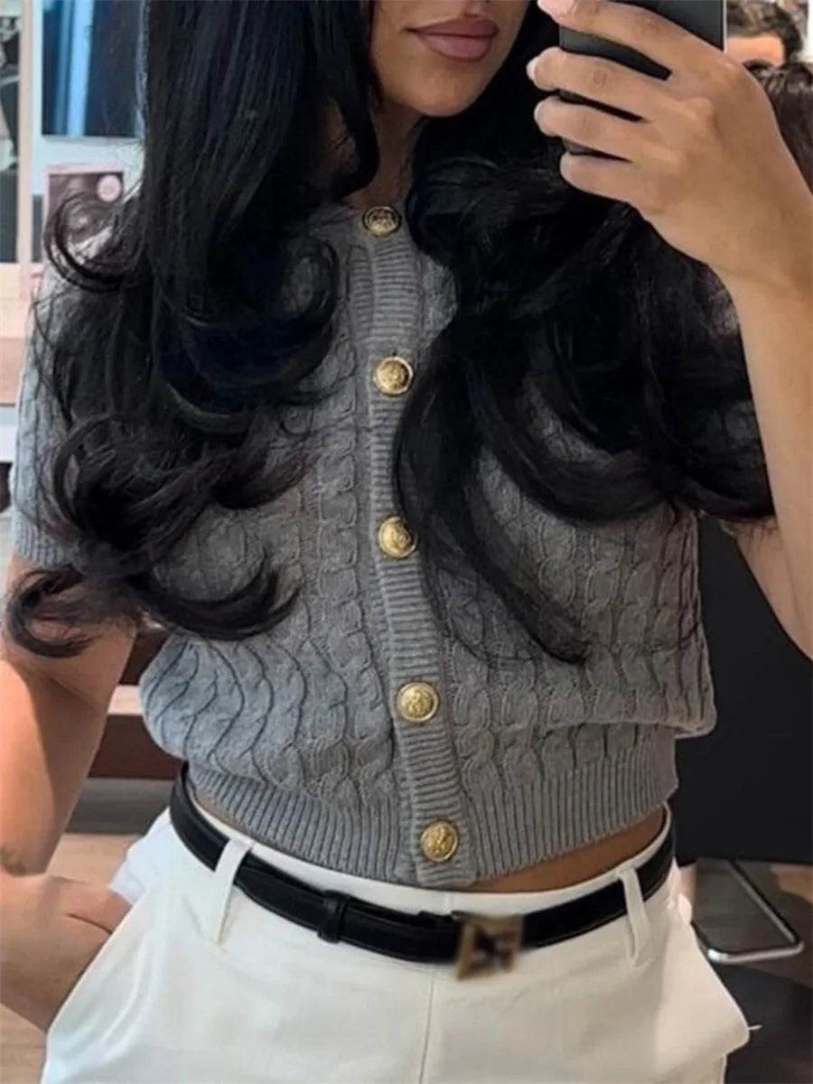 Women's Cable Knit Cardigan Solid Color Round Neck Short Sleeve Button-front Closure Crop Sweaters - AIAZ