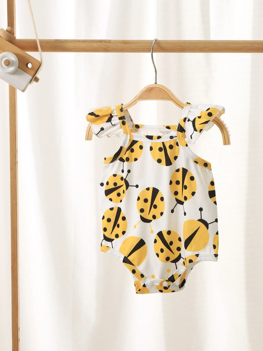 Baby Girl Summer 0-12 Months Outing Cute and Fashionable Yellow Ladybug Print Slim Fit One-Piece Swimsuit