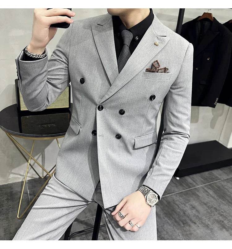 Jackets + Pants / Groom's Wedding Dress Best Fashion Mans Double -breasted Suit Blazer Trousers Male Formal Business Office Suit - AIAZ