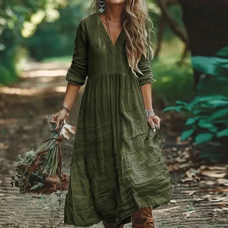 New Cotton Linen Loose Long Dresses For Women Spring Autumn New Casual Long Sleeve V Neck Maxi Dress Women Holiday Party Dress - AIAZ