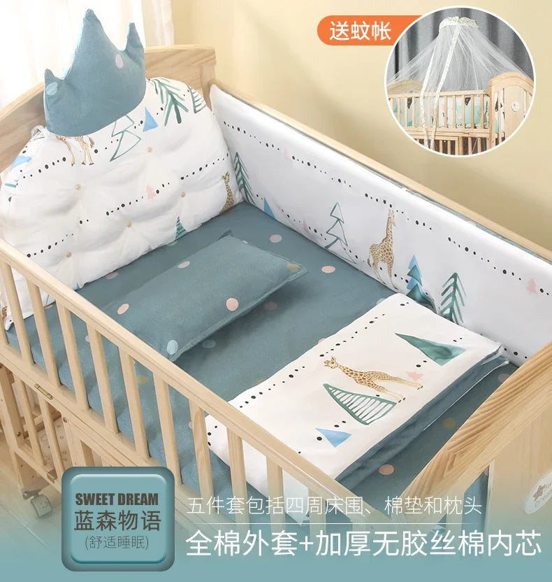 Baby Crib Multifunctional BB Baby Crib Solid Wood Unpainted Cradle Bed Movable Newborn Children Splicing Large Bed