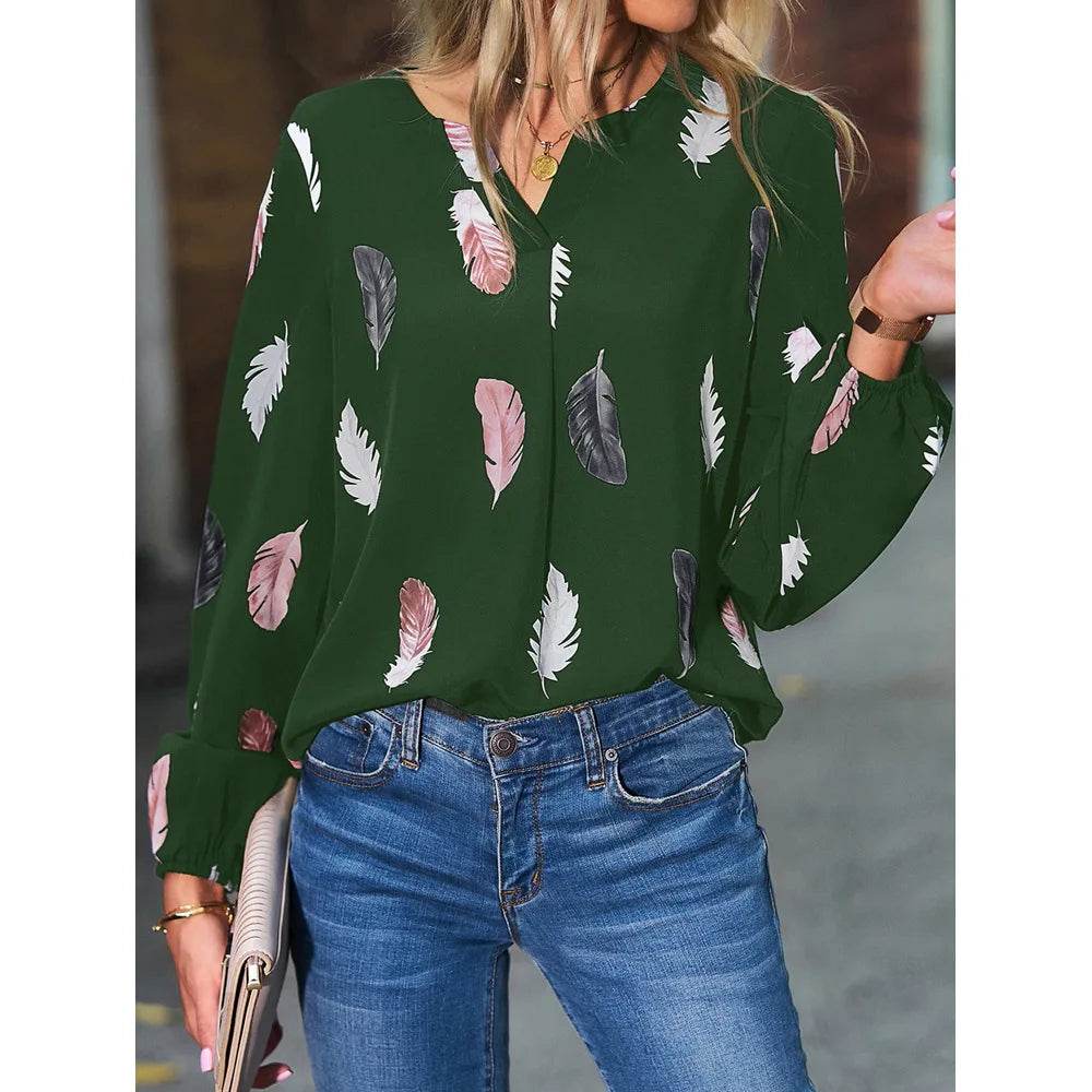 Fashion Woman Blouse Shirts For Women Stylish Top long Sleeve Feather Pattern Female Tops Elegant Chiffon Mujer Woman Clothes - AIAZ