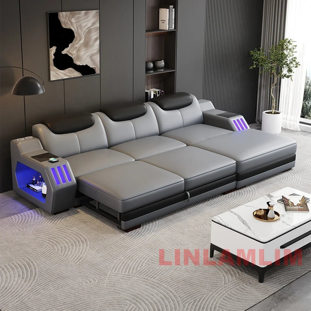 Modern L-Shaped Sectional Sofa Bed with Adjustable Headrests & LED Lights, Genuine Leather Recliner Couch with Storage & USB