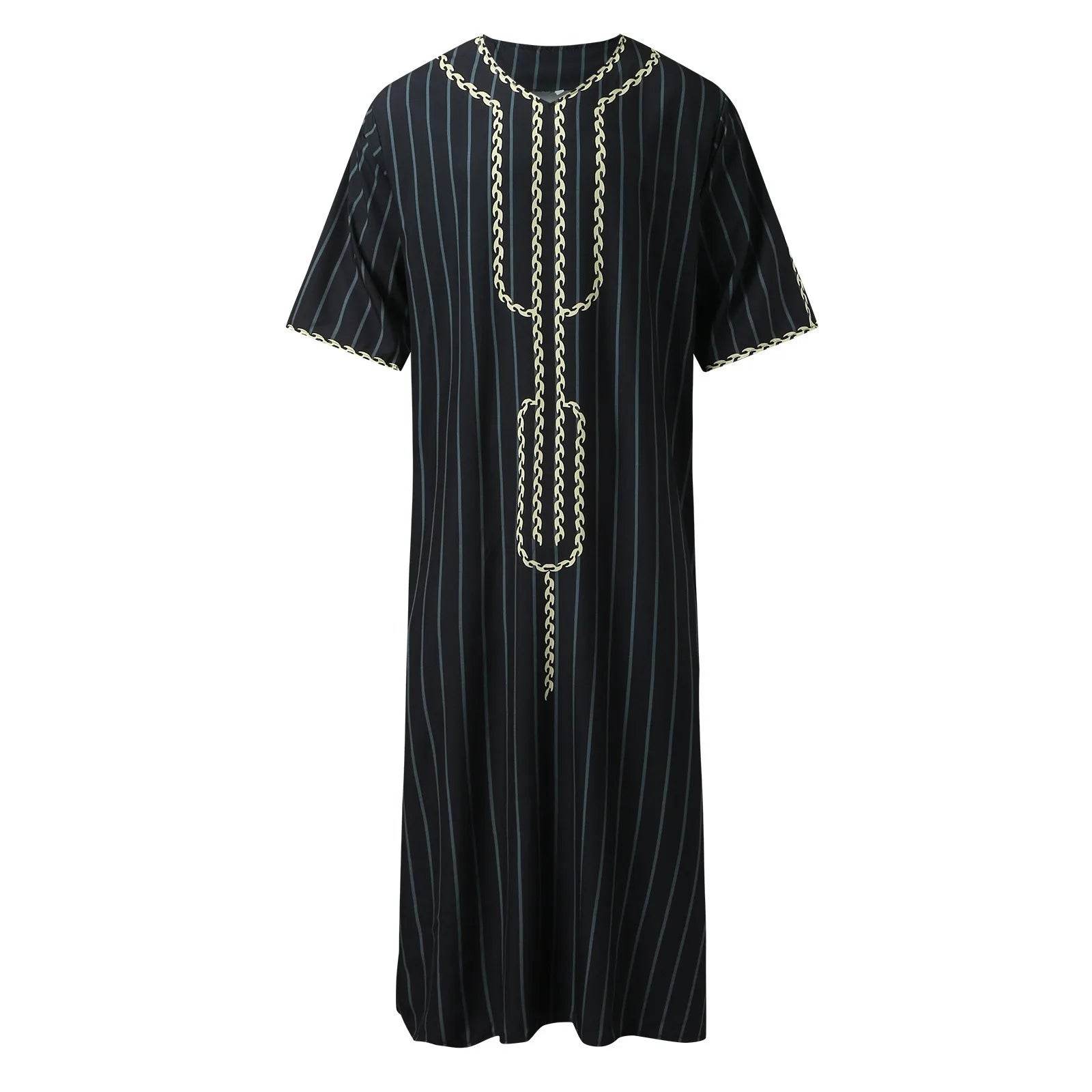 Muslim Men'S Clothing Hand-Embroidered Loose Breathable Summer Fashion Loose Robe Dubai Luxury V-Neck Short Sleeve Printing - AIAZ