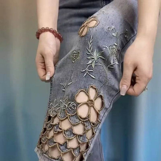 women High end hollowed out embroidered denim eight cigarette tube pants 2025 new summer thin high waist stylish denim tube pant - AIAZ