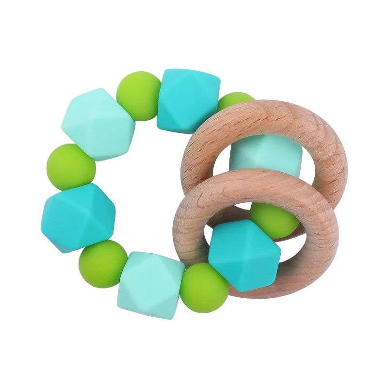 Baby Teether Bracelet Crochet Wood Crafts Engraved Bead Food Grade Silicone Beads Wood Animal Pendant Teething Toys For Rattle