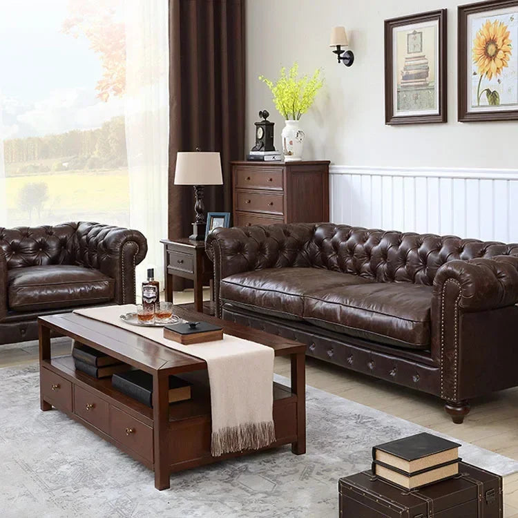 Imitation Oil Wax Leather Vintage Style Roll Arm Chesterfield Sofa Living Room Furniture de Salon