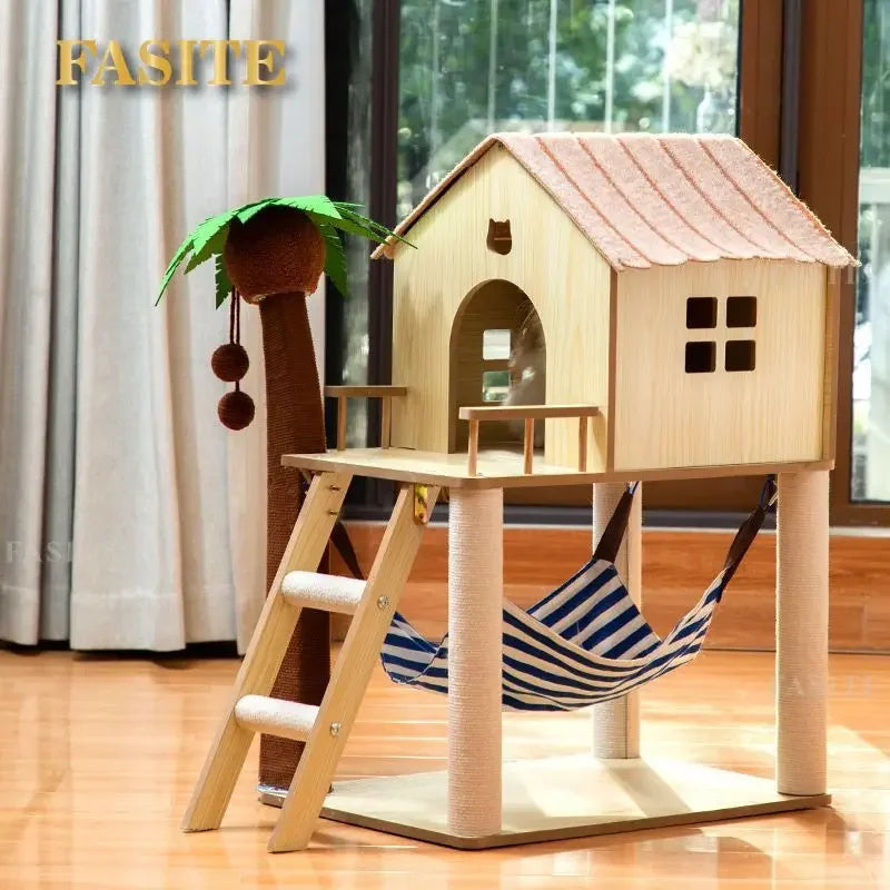 Luxury Cat House Two-Storey Villa Pet Cat Beds Hammock Coconut Tree House Wooden Pet Condos With Stairway Cat Scratching Posts