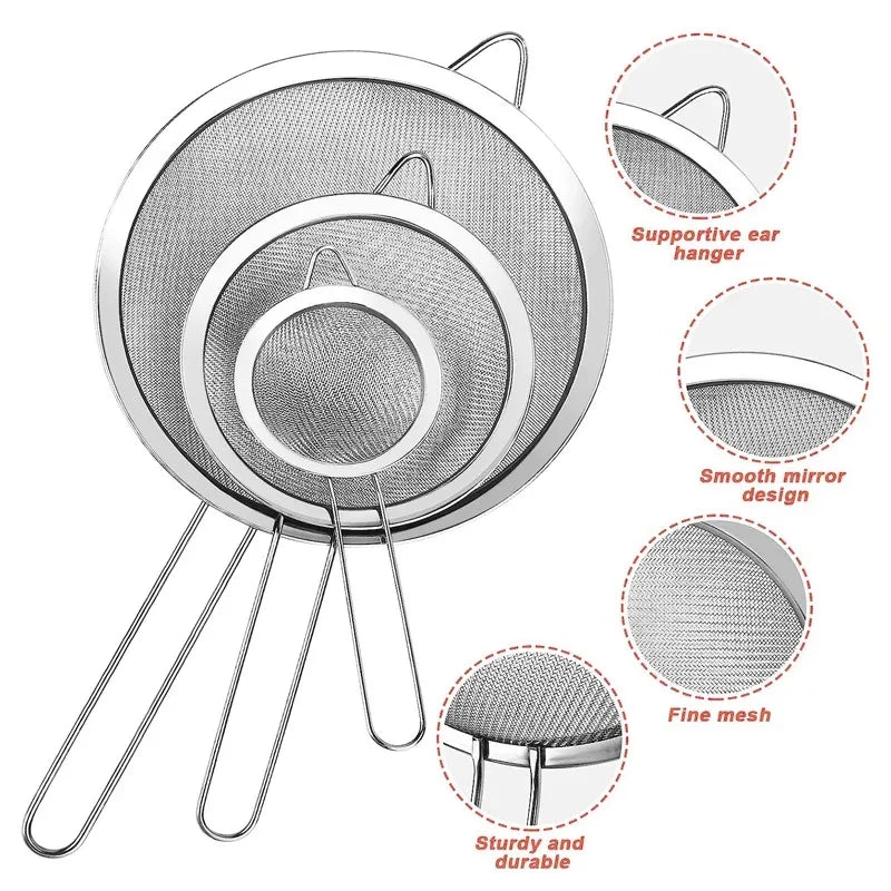 Stainless Steel Sieve Mesh Filter Slotted Spoon Kitchen Essential 3 Pack Fine Food Strainer with Long Handle for Cooking