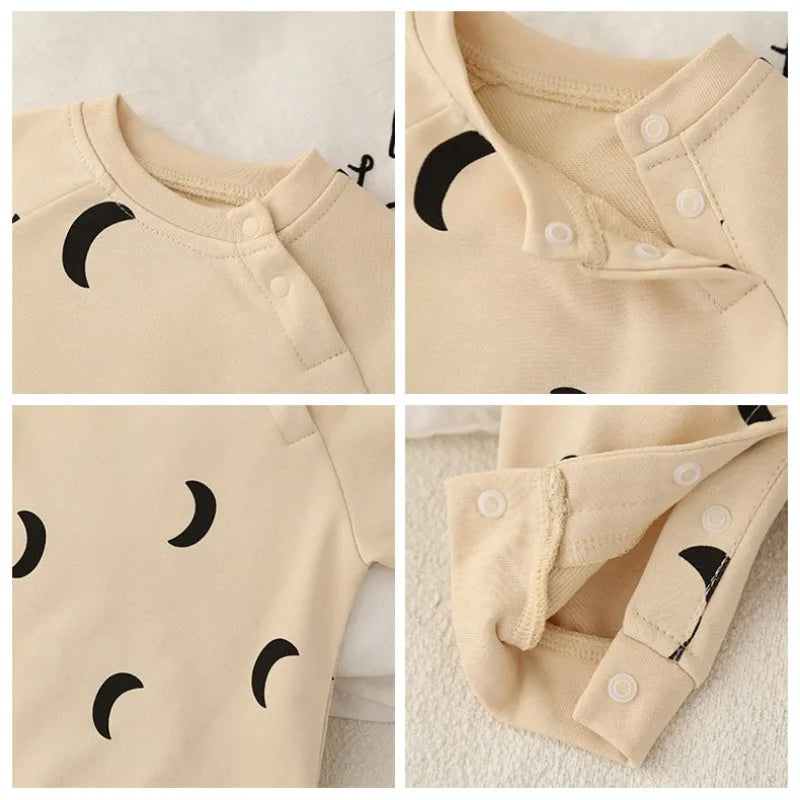 Newborn Spring and Winter Fashion Moon Sun Print Suit Cotton Comfortable and Soft 0-12 Boys and Girls Long Sleeved Baby Bodysuit