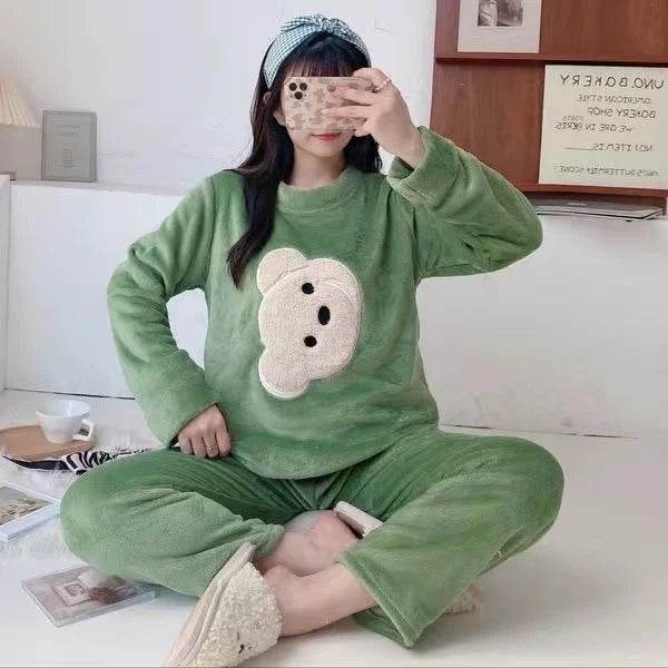 Women Pajamas Autumn Winter Flannel Warm Woman Sleepwear Korean cute Cartoon Pajama Set Fashion Pijama Mujer Home Cloth Pyjamas - AIAZ