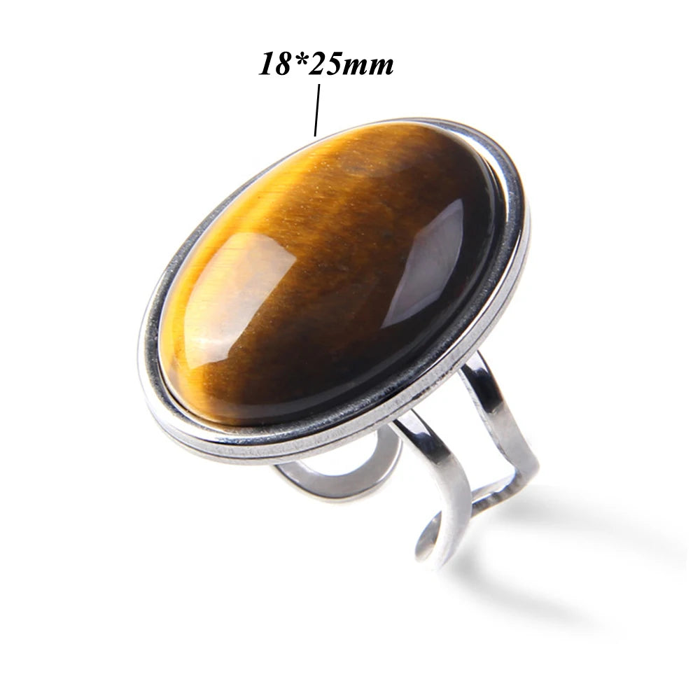 Cabochon Natural Stone Ring 10*14MM Oval Agates Turquois Quartzs Gem Finger Ring Silver Color Adjustable Open Rings Jewelry Gift