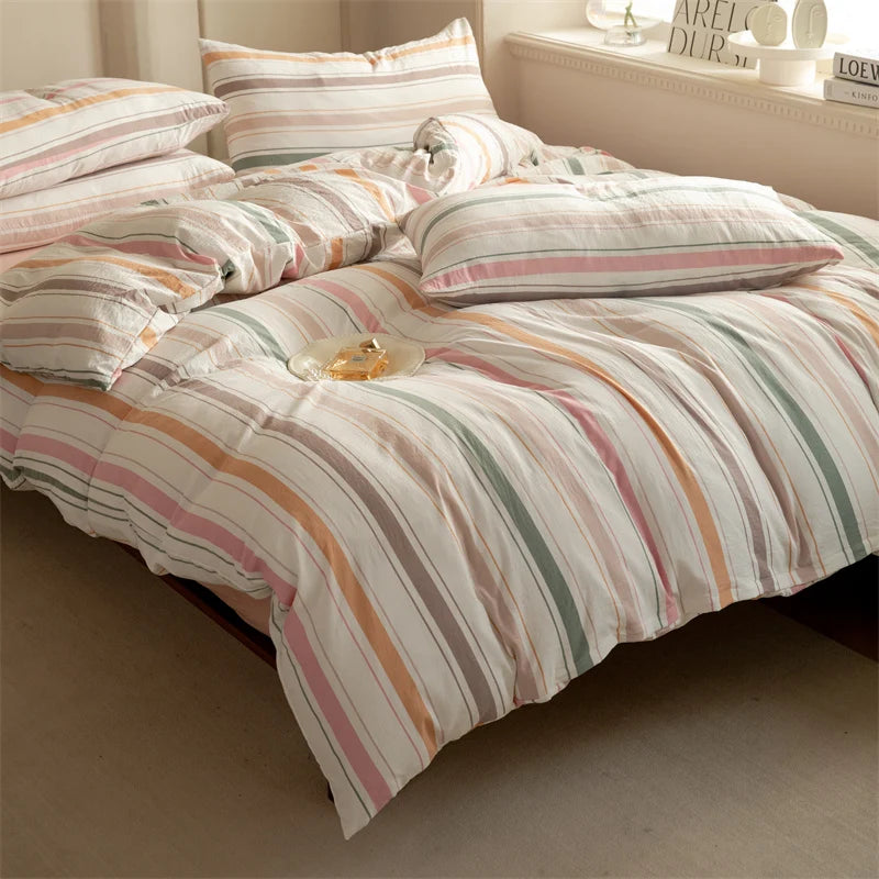 Striped Duvet Cover Set Queen 100% Washed Cotton Bedding Set, Luxury Soft Pink Vertical Ticking Stripes Comforter Cover, (3pcs)