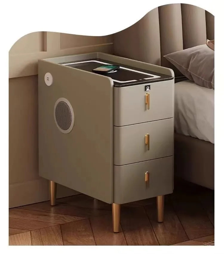 Nordic Style Intelligent Solid Wood Bedside Table Faux Leather 3 Drawers Nightstands with Wireless Charging Side Storage Cabinet