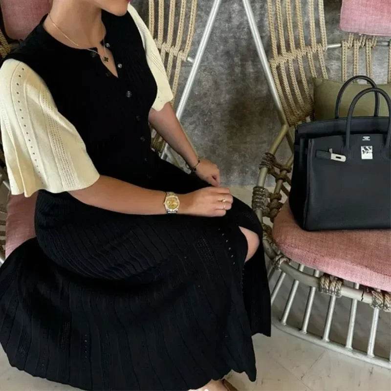 Elegant Knit Dress For Women White Slim O-neck Single Breasted Short Sleeve Long Dresses Female 2025 Spring Fashion Lady Robe - AIAZ