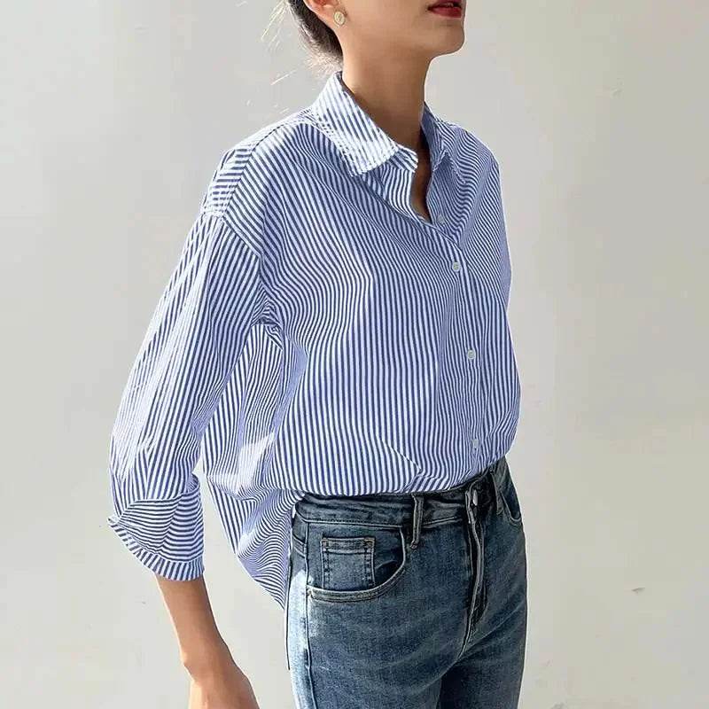 Women Spring Summer Blouses Shirts Lady Fashion Casual Long Sleeve Turn-down Blue Stripes Blusas Tops - AIAZ