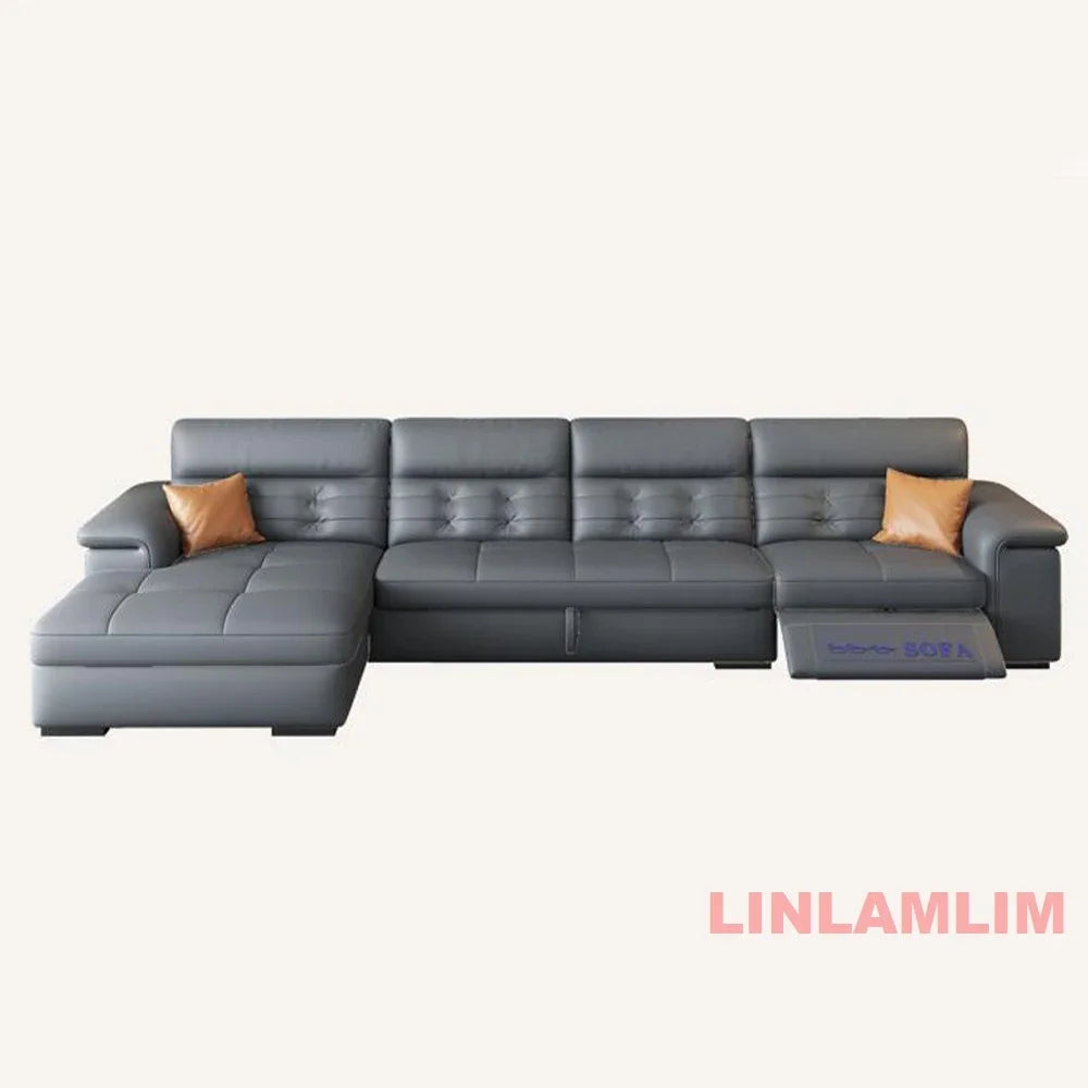 MINGDIBAO Sectional Sofa Bed with Storage, Genuine Leather Reclining Couch, Space-Saving Convertible Sleeper Sofa in Living Room