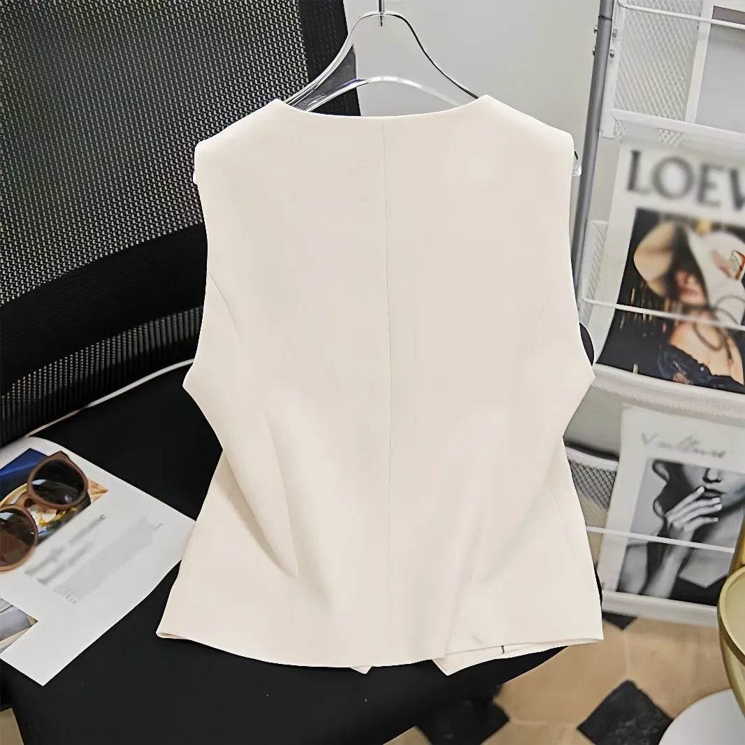 Vest Tops Women Vests V Neck Sleeveless Coats Single Breasted Slim High Waist Coat Y2k Streetwear Elegant Work Off White Jackets - AIAZ