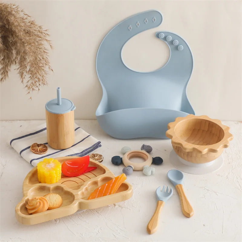 7pcs Silicone Baby Feeding Set Baby Feeding Supplies Kids Bamboo Dinnerware With Cup Children's Dishes Bowl Stuff Tableware Gift