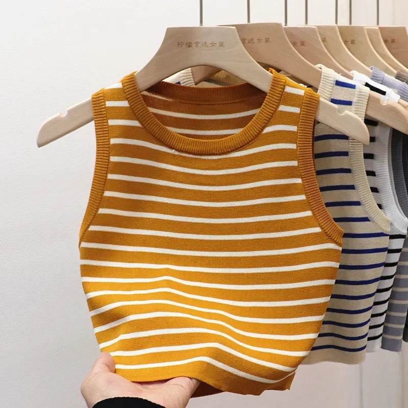 Summer Spring Striped Tank Tops Women Sleeveless Knitted T-Shirts Crop Tops Female Elastic Slim Casual Vests Pullover Camis - AIAZ