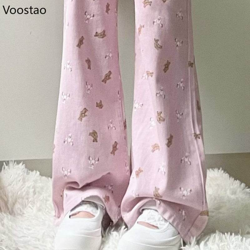 Pink Jeans Women Sweet Cute Cartoon Bear Print High Waist Wide Leg Pants Vintage Girls Casual Y2k Aesthetic Loose Denim Trousers - AIAZ