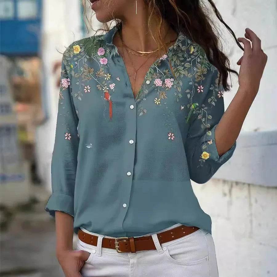2025 Summer Women's Long Sleeve Top Fashion Comfort Printed T-Shirt Casual Loose Button Shirt for Female - AIAZ