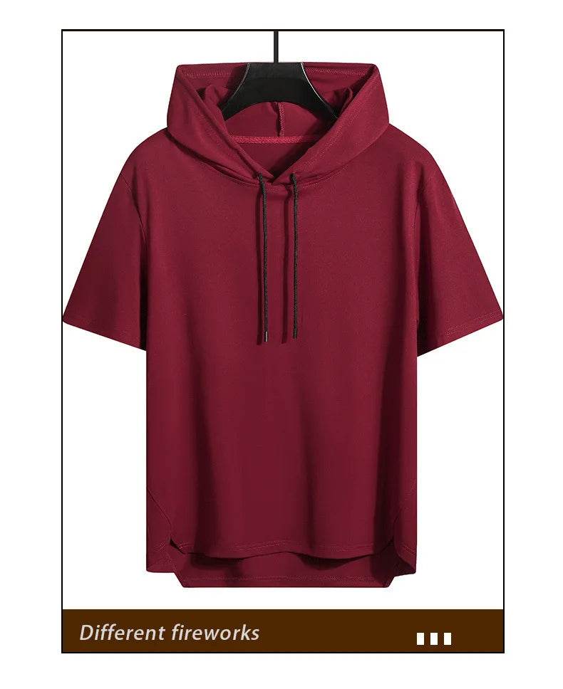 2025 Men's Summer Hoodies T-shirts Short Sleeve Solid Color Loose Hooded Drawstring Pullover Tops Basic Tees for Daily Wear Male - AIAZ