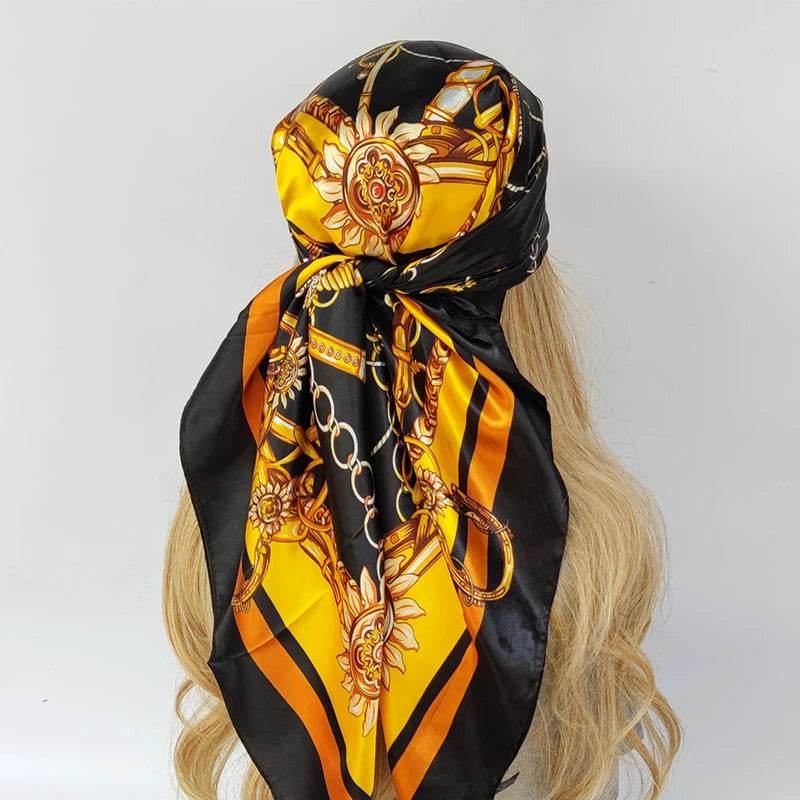 New 90*90cm Retro Brand Women Silk Scarf Bandanna Fashion Bohemian Pattern Square Hijab Lady Wrap Headband foulard muffler - AIAZ