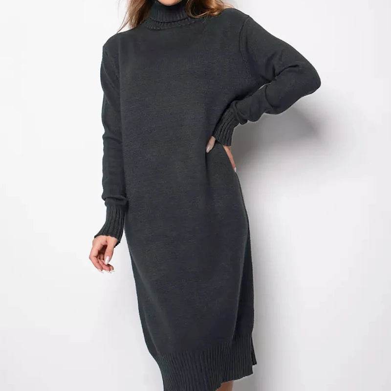 Ribbed Turtleneck Knitted Dress Women Autumn Winter Basic Long Sleeve Sweater Dress Woman Solid Color Long Dresses Female - AIAZ