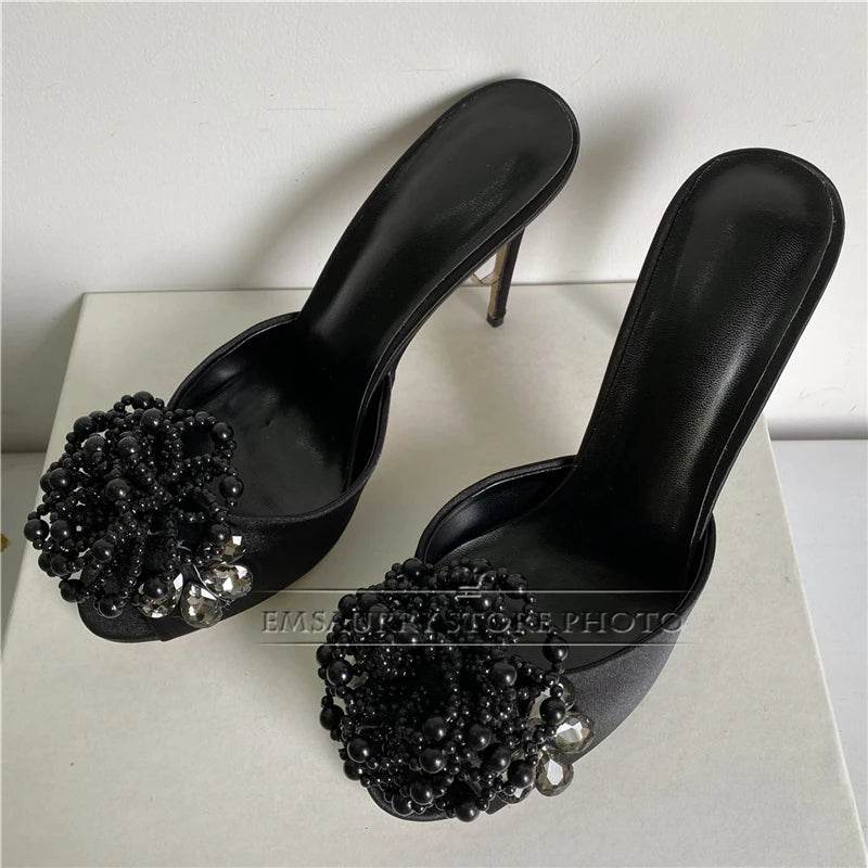 Crystal Beads Flower Decor Sandals Women 10cm Stiletto Heel Slingbacks Luxury Satin Summer Mules For Girls - AIAZ