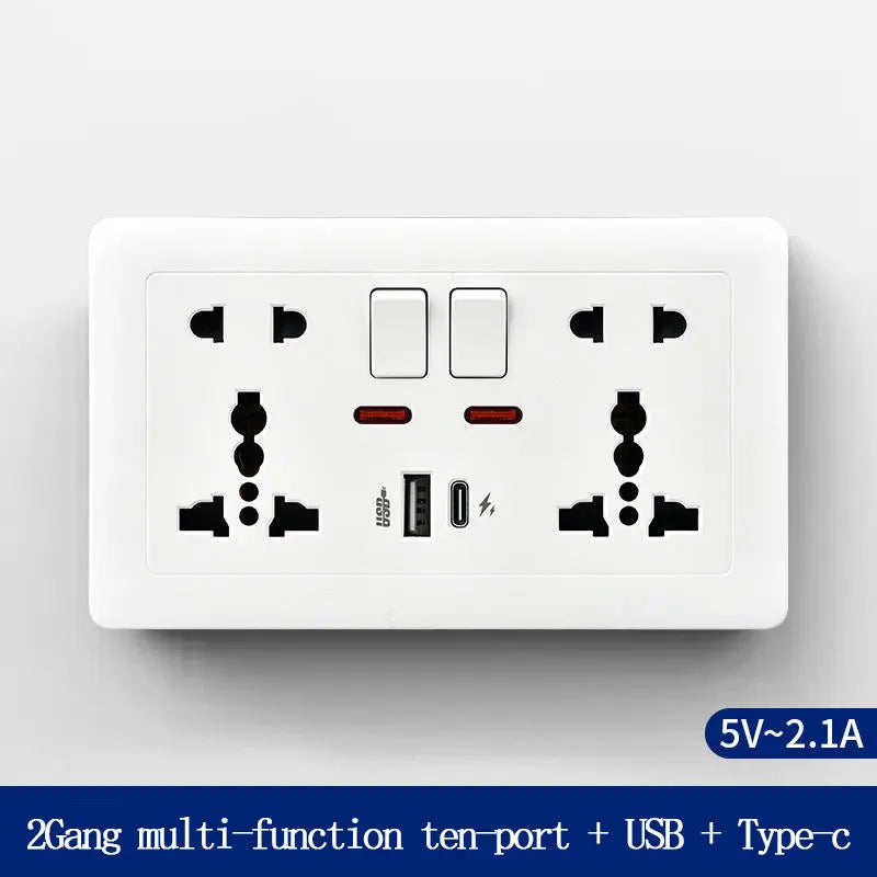 146 Type 2 Gang Multi-Ten-Hole Socket With 2Port USB Type-c 10w Fast Charging Panel British standard double five-hole socket