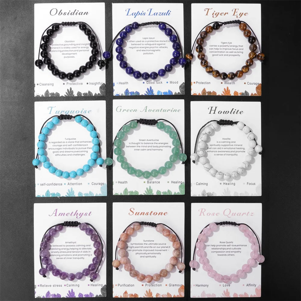 New Natural Stone Amethysts Bracelet with Card 8mm Pink Quartz Fluorite Beads Bracelet Adjustable for Women Men Couple Jewelry