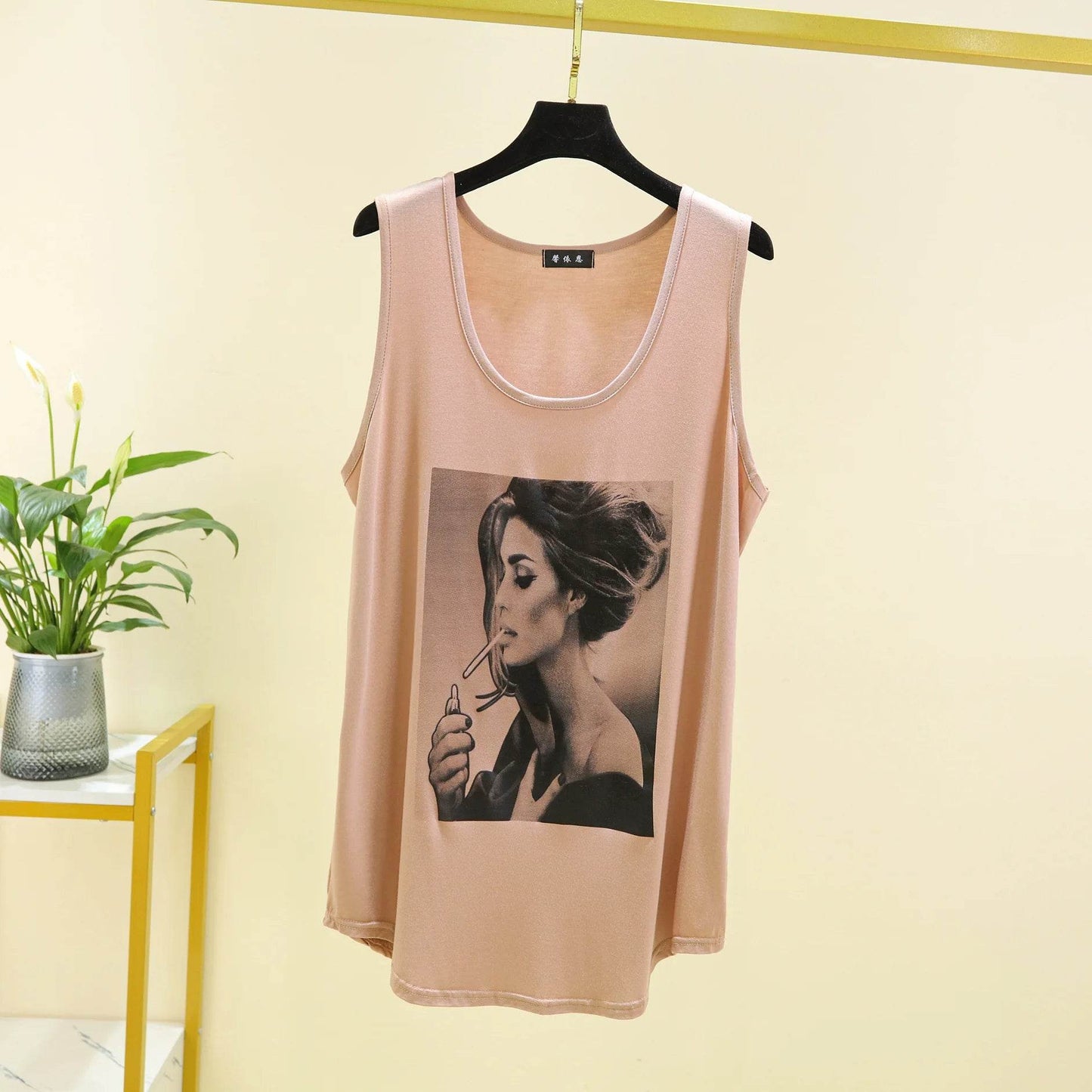 Women Long Tank Tops O-Neck Fashion Print Beauty's Head Casual Loose sleeveless T-shirt streetwear camis tops - AIAZ
