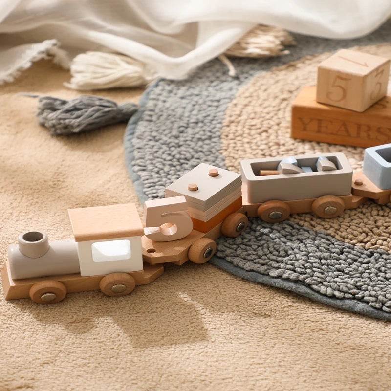 Wooden Train Birthday Toy Montessori Toys Baby Educational Toys Wooden Trolley Baby Learning Toys Number Of Wood Baby's Toys - AIAZ