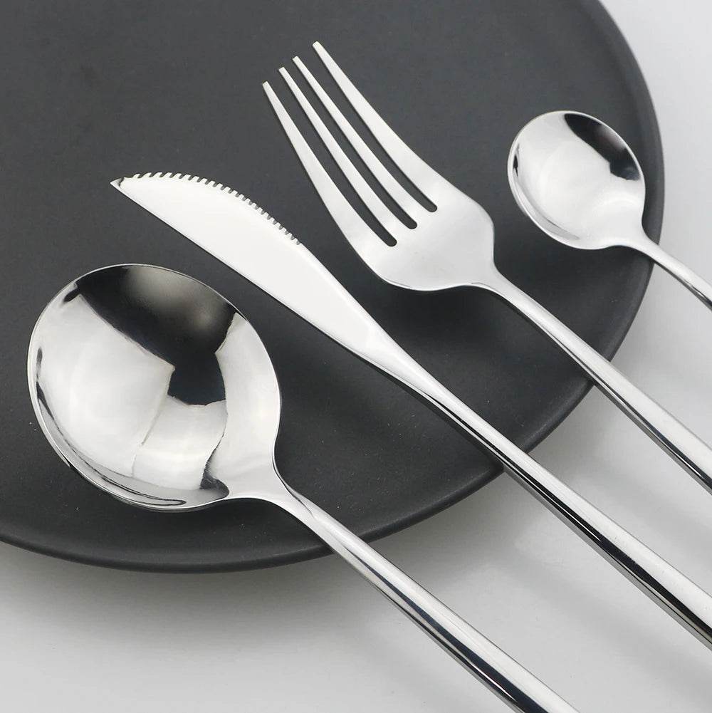 24Pcs Black Handle Golden Cutlery Set Stainless Steel Knife Fork Spoon Tableware Flatware Set Festival Kitchen Dinnerware Gift - AIAZ