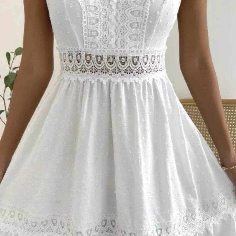 Women's White Party Dress Fashion Lace V-neck Ruffle Hook Flower Hollow Waist Mini Women Dresses Summer Sexy Prom Female Vestido - AIAZ