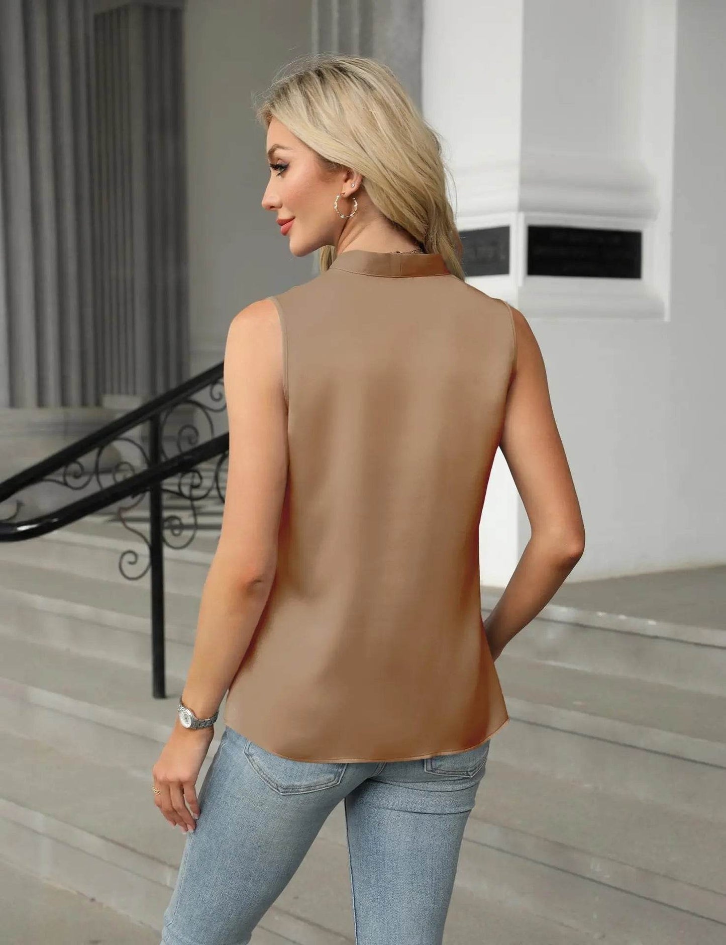 2025 Women's Blouses Summer Fashion Elegant Temperament Satin Work Tank Shirts Casual Button V-Neck Sleeveless Vest Black Tops - AIAZ