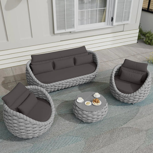Outdoor Rattan Sofa Set, 2-Seat Patio Furniture for Balcony, Terrace, Villa or Courtyard, All-Weather Wicker Lounge Chair Combo
