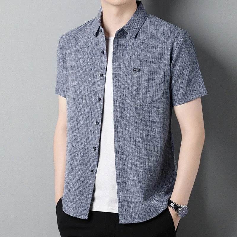 2025 Men's Business Casual Plaid Linen Short Sleeved Shirt Comfortable Top - AIAZ