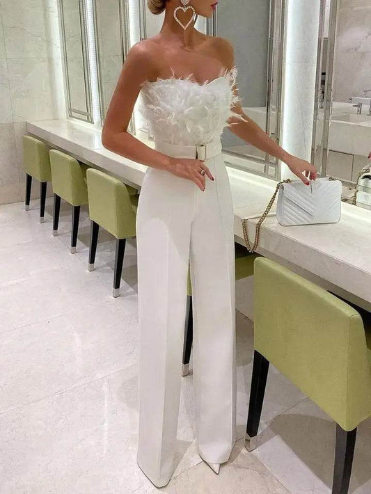 Jumpsuit Women Elegant Long Jumpsuit Strapless Slash Neck Feather Tube Top Sexy Fashion Party Night Evening Jumpsuit 2021 Summer - AIAZ