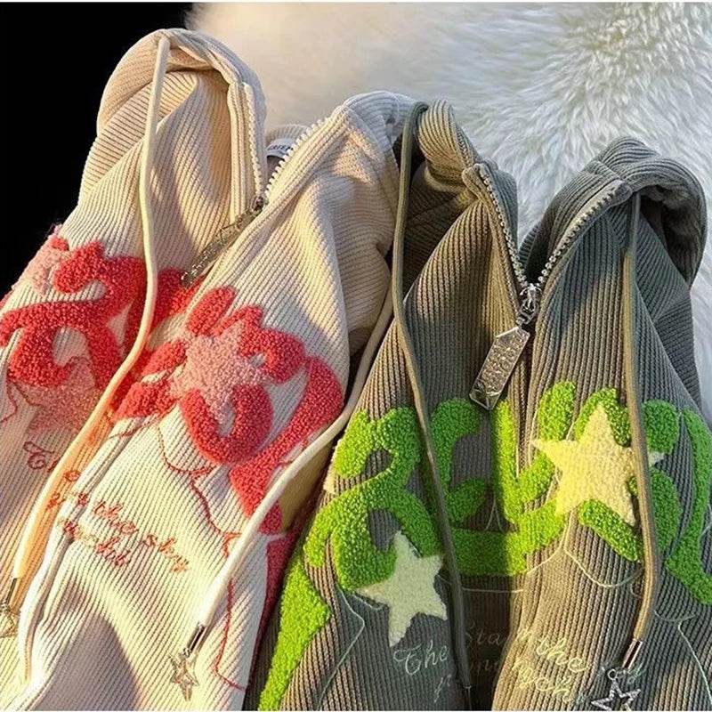 Fashion Embroidery Zip Up Hoodies Women Autumn Long Sleeve Tops Loose Hood Shirt Harajuku Y2K Clothes Female Sweatshirt Jacket - AIAZ