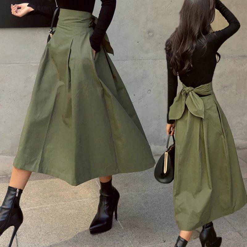 Skirts Womens Korean Fashion Solid Color Big Swing Ladies Skirt Long Skirt 2025 Autumn Wild High Waist Bow Slim Skirts - AIAZ