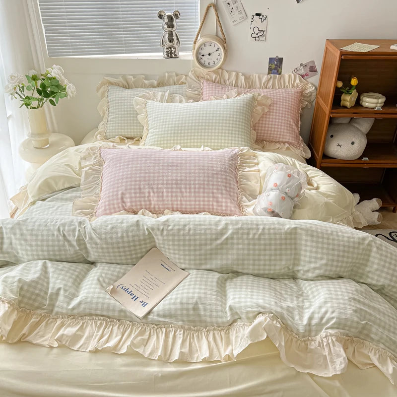 Korean Princess Style Bedding Set Soft Skin-friendly Lattice Lace Ruffles Quilt Cover Plaid Style Duvet Covers Set Pillowcases