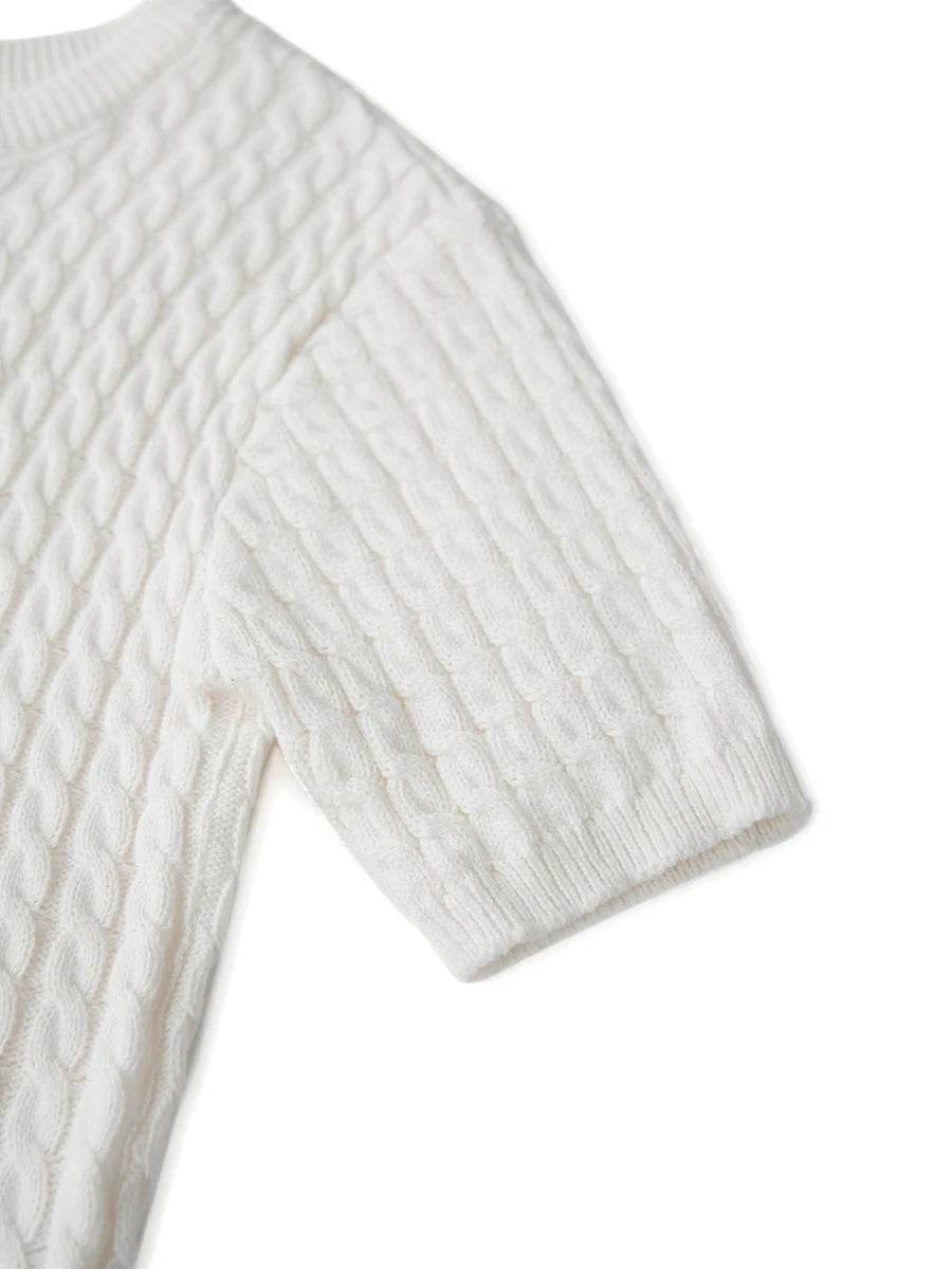 Women's Cable Knit Cardigan Solid Color Round Neck Short Sleeve Button-front Closure Crop Sweaters - AIAZ