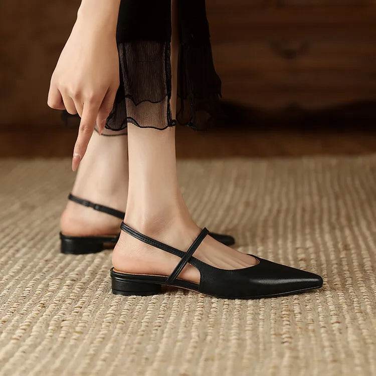 Summer Sandals Sheep Leather Women Shoes Pointed Toe Low Heel Women Pumps Genuine Leather Cover Toe Sandals for Women Handmade - AIAZ