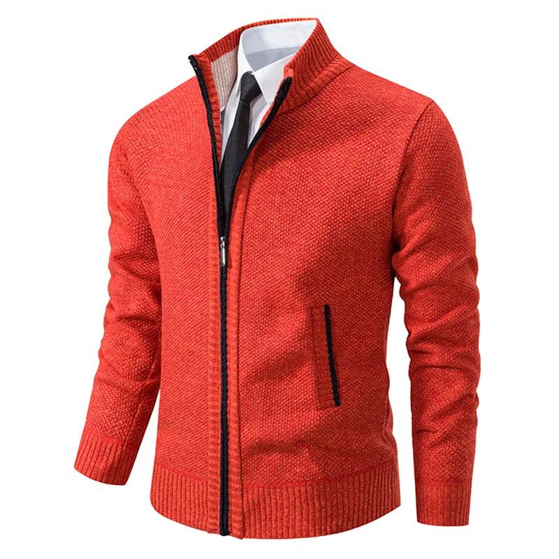 Autumn And Winter New Jersey Men's Casual Sports Coat Solid Color Stand Collar Wweater Grab Fleece Warm Zipper Cardigan - AIAZ
