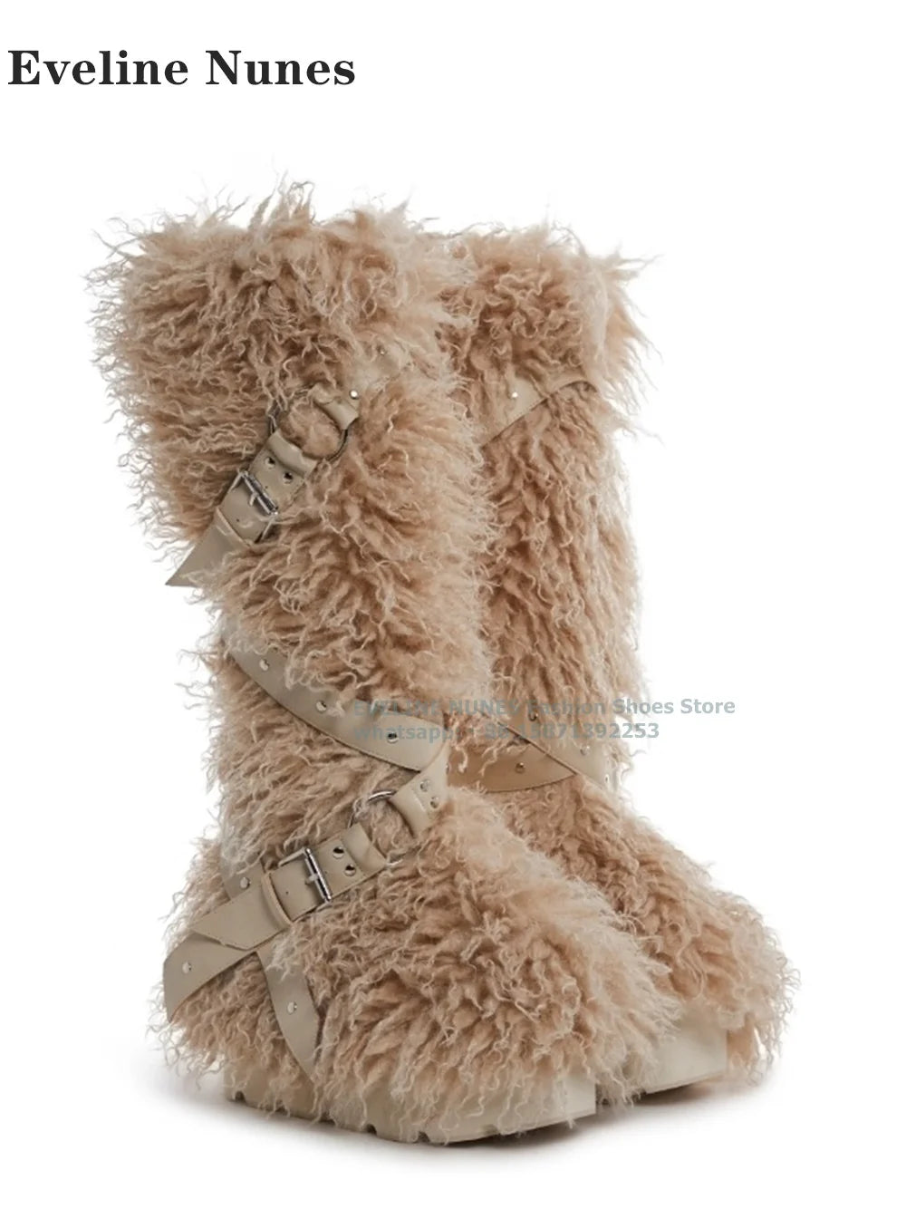 Wild Instincts Faux Fur Boots Belt Buckle White Studded Rivet Ankle Wrap Women Sexy Knee High Boots Plush Warm Spicy Girl 2024